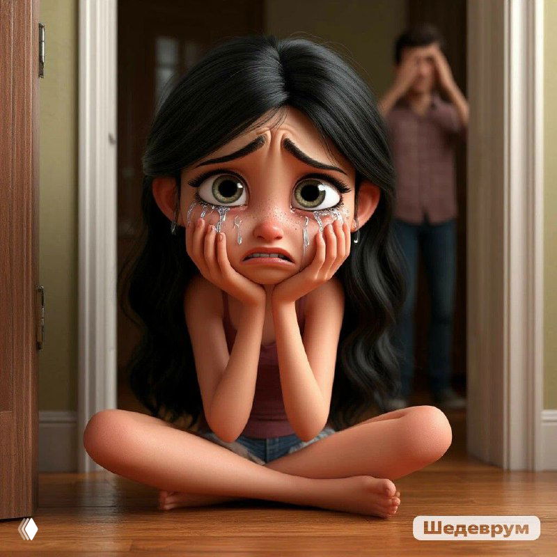 Мультяшная девушка сидит на полу и плачет; мужчина на заднем плане прикрывает лицо руками — визуализация эмоциональной дистанции и избегания близости.