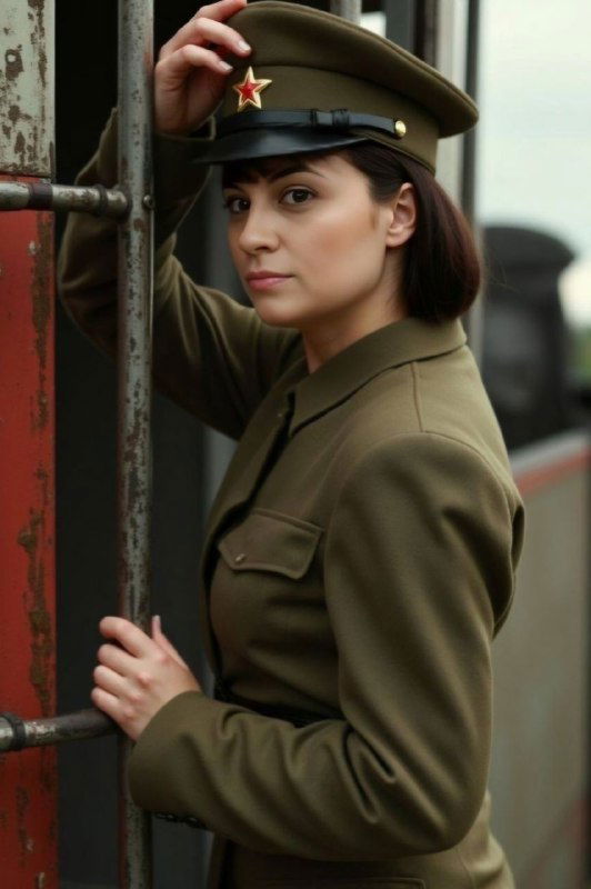 Женщина в советской военной форме у двери вагона, портретный кадр в ретро‑стиле как символ памяти о ветеранах и Дне Победы