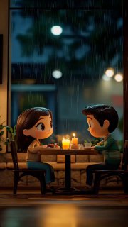 Стилизованная иллюстрация: двое персонажей сидят за столом при свечах в кафе у окна; за стеклом идёт дождь, уютная романтическая вечерняя сцена.