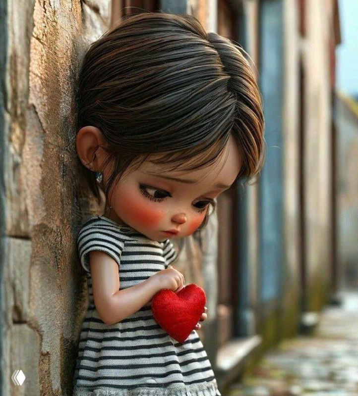 Иллюстрация: кукла-девочка в полосатом платье держит красное сердечко на фоне улочки — символ детской эмоциональной раны и боли.