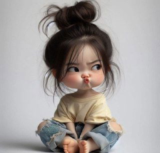 Мультяшная игрушечная девочка с пучком волос, в рваных джинсах и желтой футболке, сидит на полу и строит смешную гримасу.