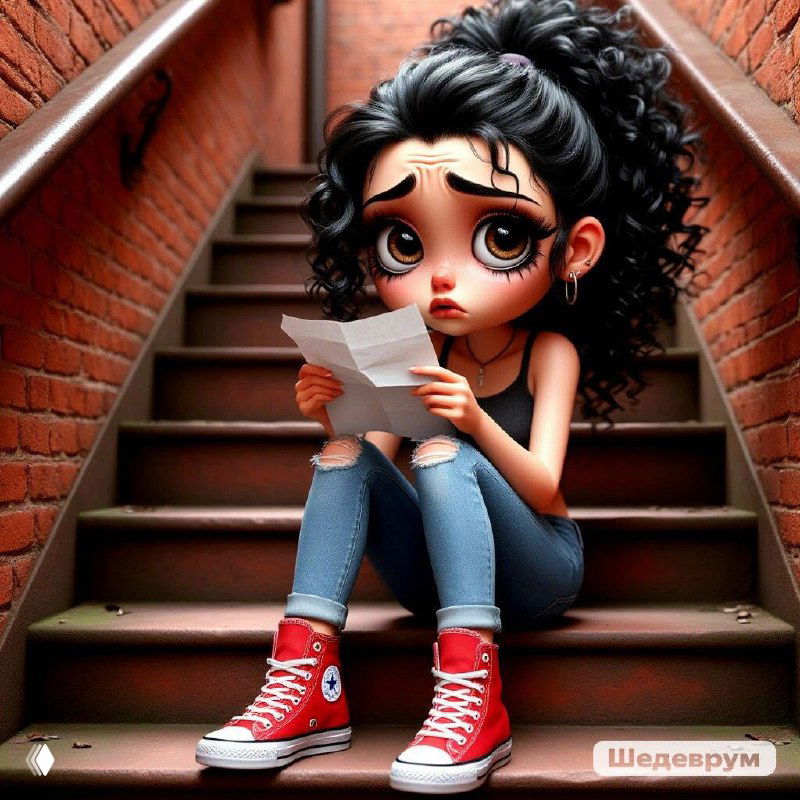Иллюстрация: мультяшная девушка с большими глазами сидит на лестнице с листом бумаги, выглядит грустной и тревожной.