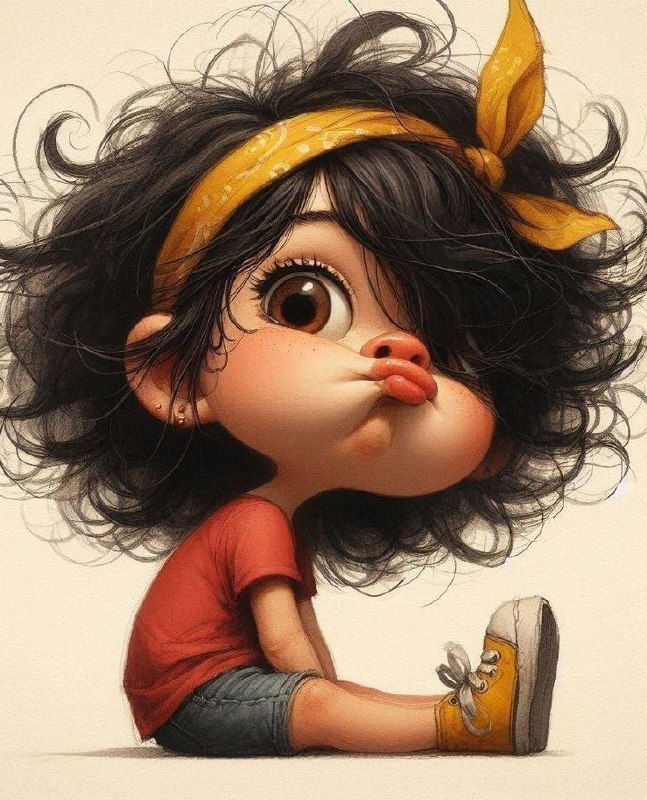 Мультяшная иллюстрация: крупный портрет задумчивой девочки с тёмными кудрявыми волосами, жёлтой повязкой и красной футболкой, сидит, надутые губы, игривый стиль