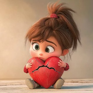 Мультяшная девочка с хвостиком держит разбитое сердце в руках, грустное и задумчивое лицо; образ уязвимости и одиночества.