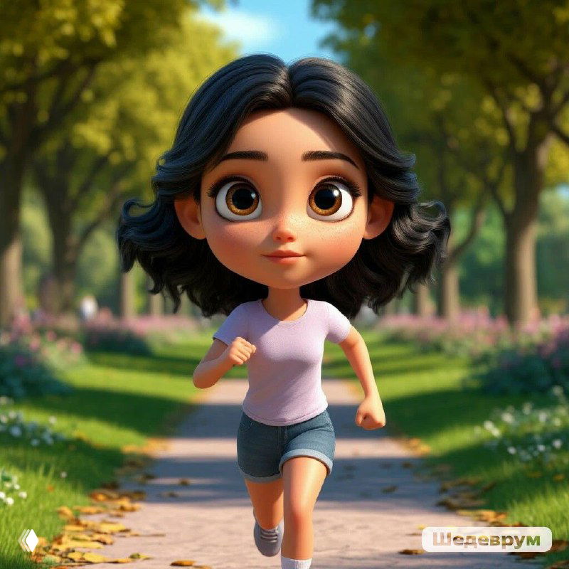 Иллюстративная фотография: мультяшная молодая женщина бежит по парковой аллее в летнем окружении — символ заботы о теле и душе, мягкий свет.