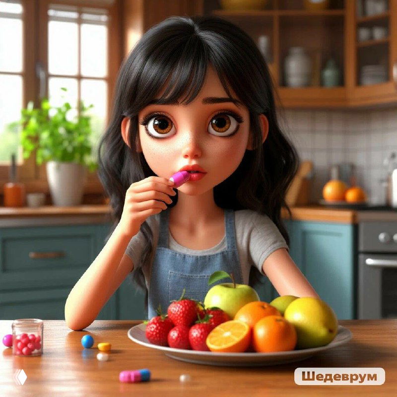 Мультяшная девушка на кухне за столом с фруктами (клубника, апельсины), рядом разноцветные таблетки в домашней обстановке.