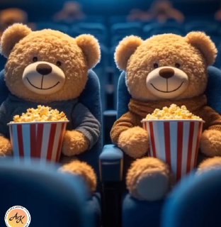 Два плюшевых медвежонка в креслах кинозала с большими ведёрками попкорна — уютная кинематографическая сцена, напоминающая атмосферу просмотра фильмов на выходных.