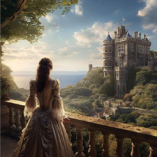 Женщина в платье стоит на балконе и смотрит на большой замок у моря — метафорическое изображение ожидания принца и магического мышления.