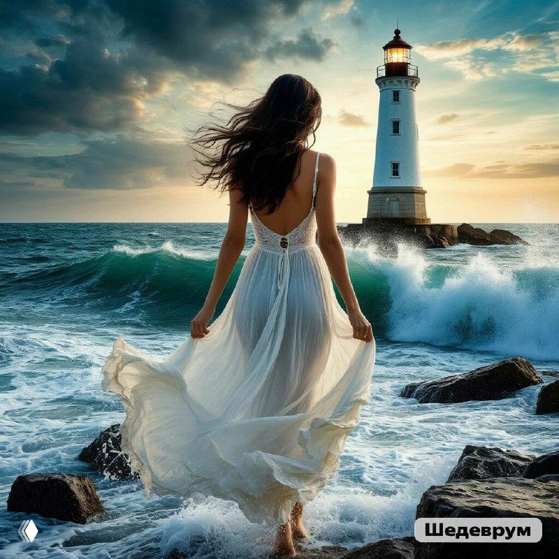 Женщина в лёгком платье на скале у маяка, смотрит на бушующее море — образ размышлений о чувствах, надежде и опоре.