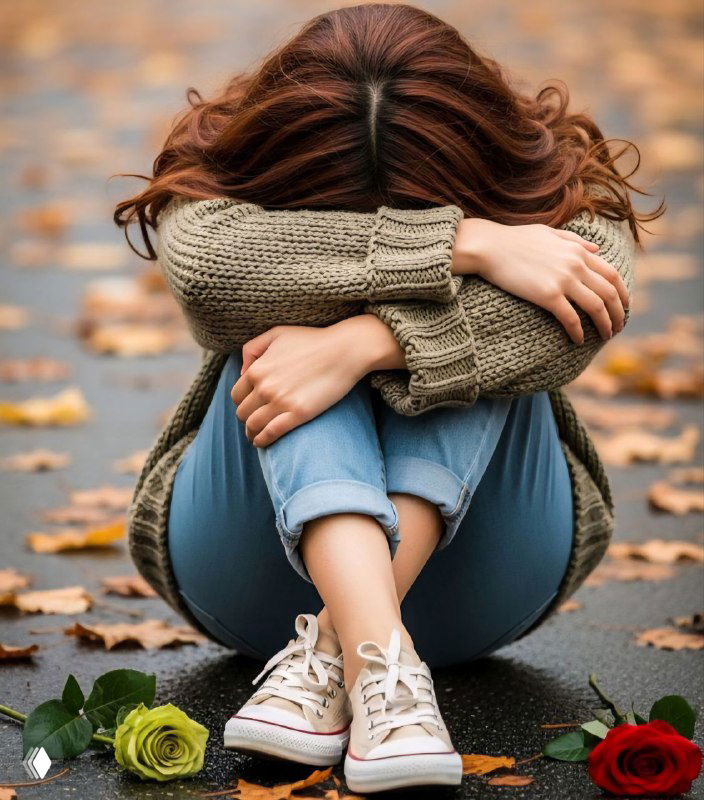 Женщина сидит на тротуаре, прижав голову к коленям; вокруг опавшие листья, на переднем плане лежат красная и жёлтая розы — образ усталости и эмоционального опустошения.