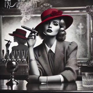 Чёрно-белый ретро-портрет женщины в шляпе с сигарой у барной стойки — стилизованный образ независимости и дистанции.