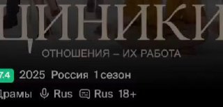 Постер сериала «Циники»: заголовок на тёмном фоне, под ним данные — рейтинг, год 2025, страна Россия, 1 сезон и пометка 18+.