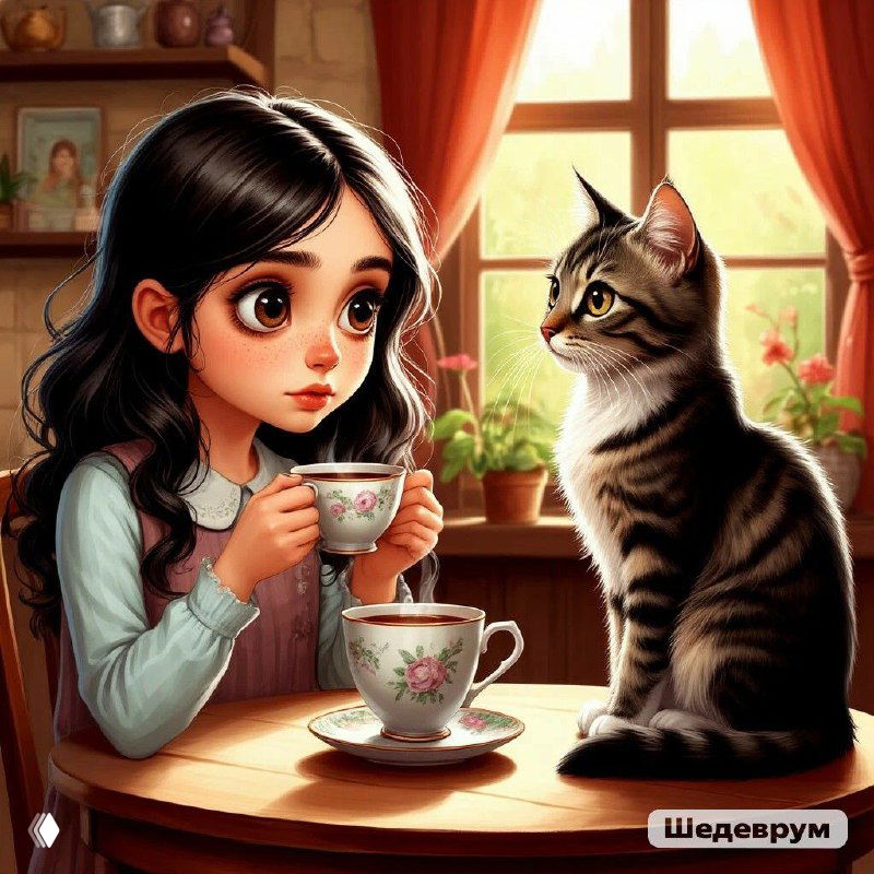 Иллюстрация: девушка с чашкой чая и домашняя полосатая кошка сидят напротив друг друга за столом у окна — тёплая уютная комната, мягкий свет и спокойная атмосфера.
