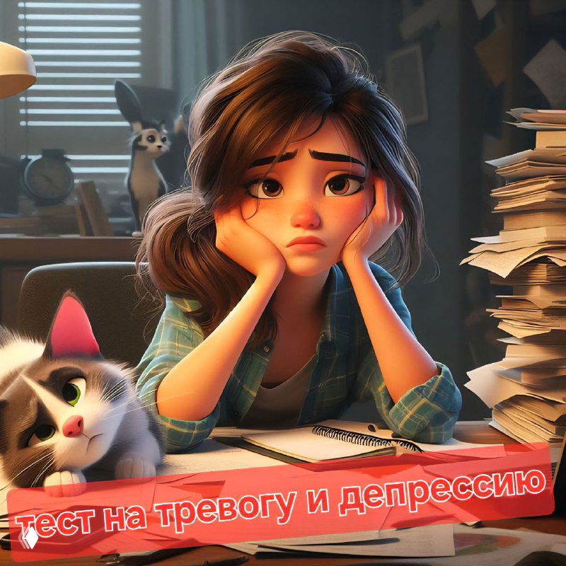 Иллюстрация: задумчивая девушка за рабочим столом с котом, вокруг бумаги и стопка книг; надпись о тесте на тревогу и депрессию.