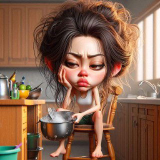 Карикатурная иллюстрация уставшей женщины на кухне с кастрюлей в руках, выражение раздражения и апатии — тема бытового выгорания.