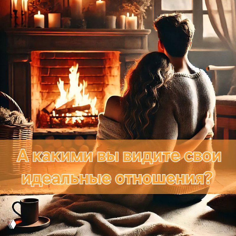 Пара, сидящая спиной у камина в тёплом интерьере со свечами и пледом; уютная интимная сцена, иллюстрация идеализированных отношений и эмоциональной близости.