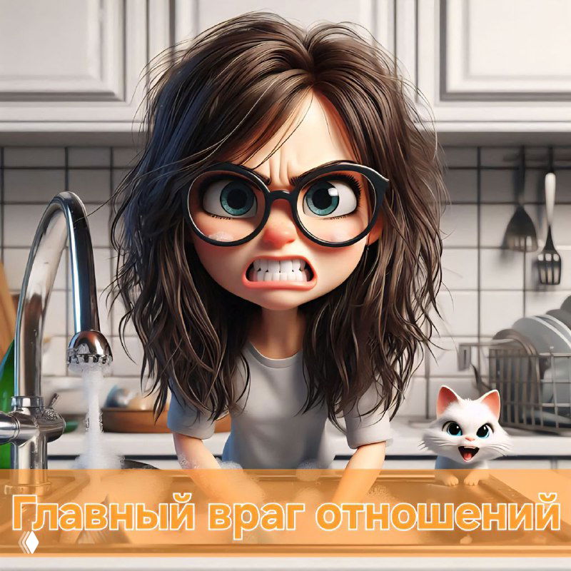 Иллюстрация: сердитая и уставшая женщина в кухне с выразительной гримасой и надписью «Главный враг отношений», символ эмоционального выгорания.