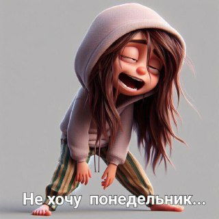 Иллюстрация мультяшной очень уставшей девушки в капюшоне, согнувшейся и зевающей; на картинке фраза «Не хочу понедельник...», передаёт апатию и выгорание.