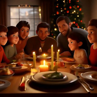 Иллюстрация семейного новогоднего ужина за праздничным столом: несколько родственников, свечи, тёплый свет и украшенная ёлка в фоне.
