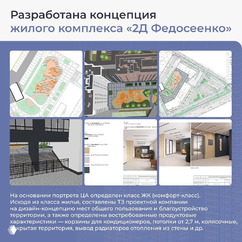 Коллажи планировок и генпланов ЖК — варианты расположения корпусов и блок-схемы, демонстрация общей концепции ЖК "2Д Федосеенко".