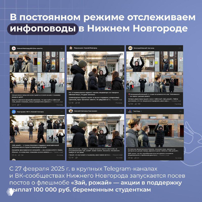 Коллаж скриншотов публикаций из Telegram-каналов и локальных сообществ Нижнего Новгорода, демонстрирующий инфоповоды и репосты кампании.