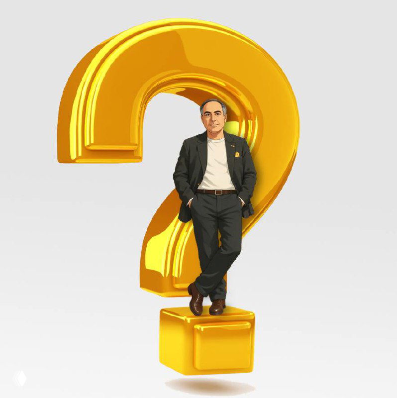 Мужчина в деловом костюме опирается на большой золотой знак вопроса на светлом фоне — метафора сомнений и решений в партнёрском бизнесе.