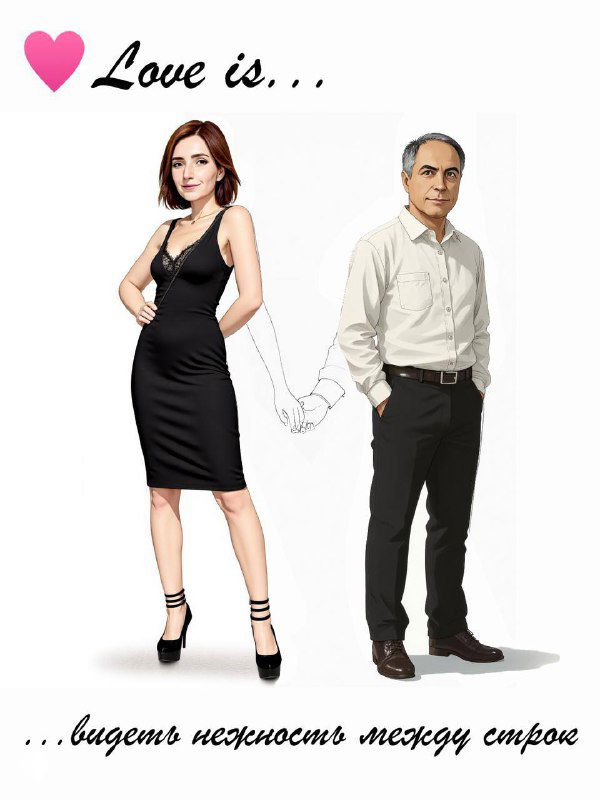 Иллюстрация: женщина в чёрном платье и мужчина в рубашке стоят рядом, между ними декоративная линия в виде сердца.