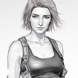 Чёрно‑белый карандашный портрет молодой женщины в майке с рюкзаком, уверенный взгляд; стилизованная графическая иллюстрация на нейтральном фоне, декоративное изображение.