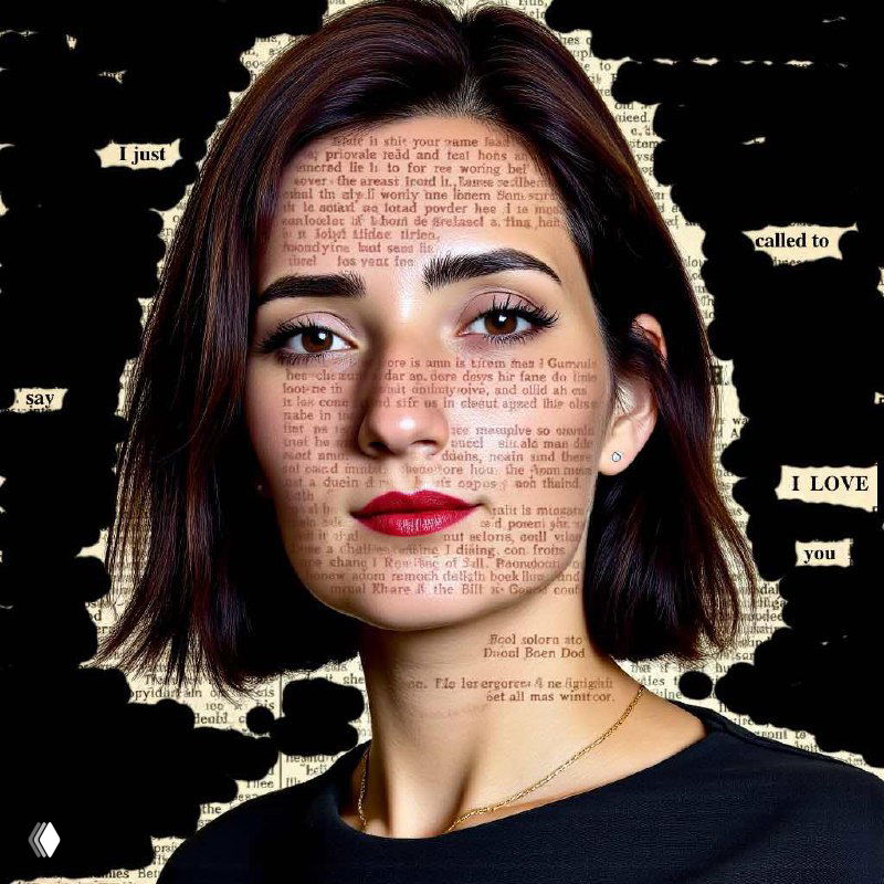 Портрет молодой женщины на художественном коллаже: лицо покрыто газетными вырезками и печатным текстом, чёткий взгляд, губы.