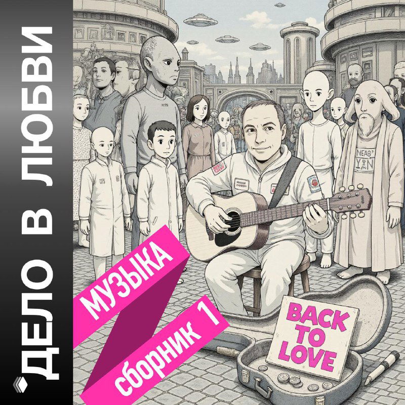 Обложка альбома: мужчина с гитарой в кресле среди прохожих, городской фон и яркие надписи «Дело в любви».