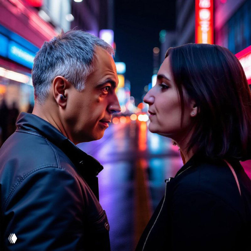 Мужчина и женщина лицом друг к другу на ночной неоновой улице; кадр передаёт напряжение и тему близости, эмоций и диалога.