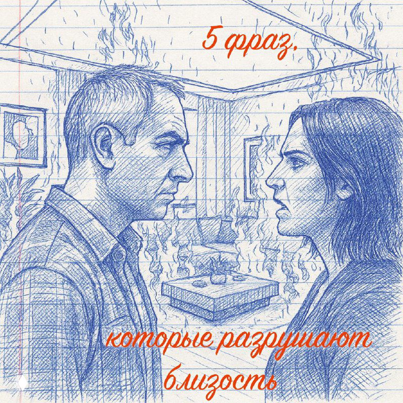 Штриховой набросок: мужчина и женщина лицом друг к другу в напряжённом разговоре на фоне стилизованного огня; видна надпись «5 фраз».