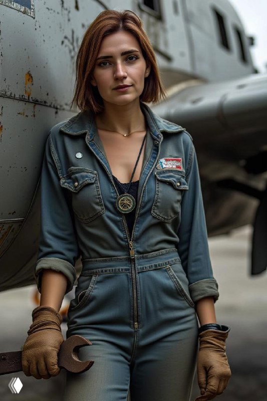 Женщина в рабочем комбинезоне стоит у корпуса самолёта; практичный уверенный образ, метафора партнёрства и совместной работы.
