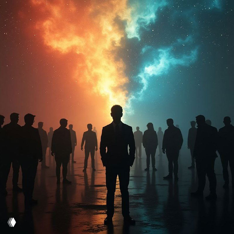 Силуэты людей на тёмном фоне перед контрастным оранжево-голубым небом — символический образ выбора, перемен и личного роста.