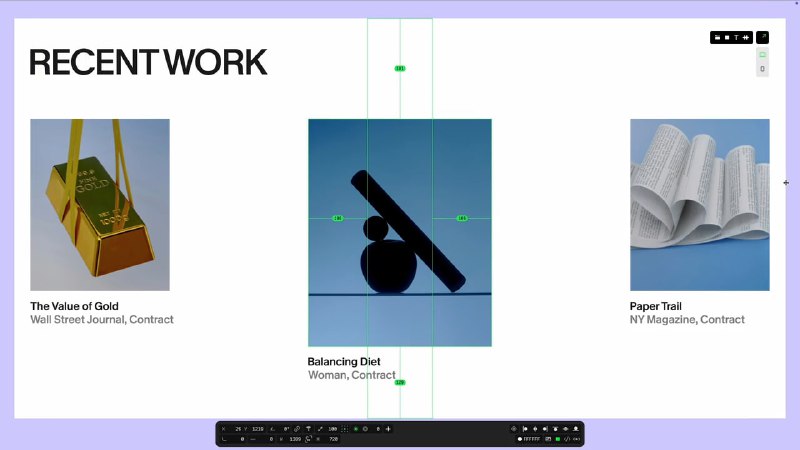 Блок «Recent work» из демонстрации Control: три карточки работ на светлом фоне, показаны миниатюры, компоновка и направляющие сетки дизайна.