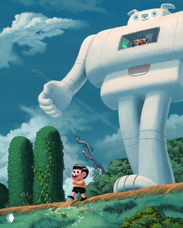 Иллюстрация Даниэля Шаффера: мальчик рядом с огромным мультяшным роботом на фоне голубого неба — сюрреалистично и по‑детски задорно.