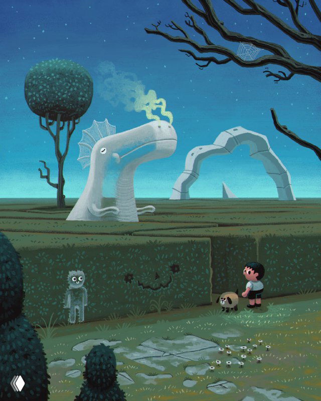 Ночная иллюстрация Даниэля Шаффера: мальчик и собака среди странных ландшафтов и арок, атмосфера загадочности с мягкой палитрой.