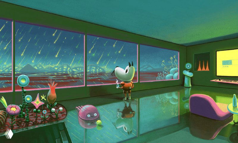 Интерьерная сцена в стиле Даниэля Шаффера: антропоморфный персонаж в комнате с панорамным окном и фантастическим городским пейзажем за стеклом.