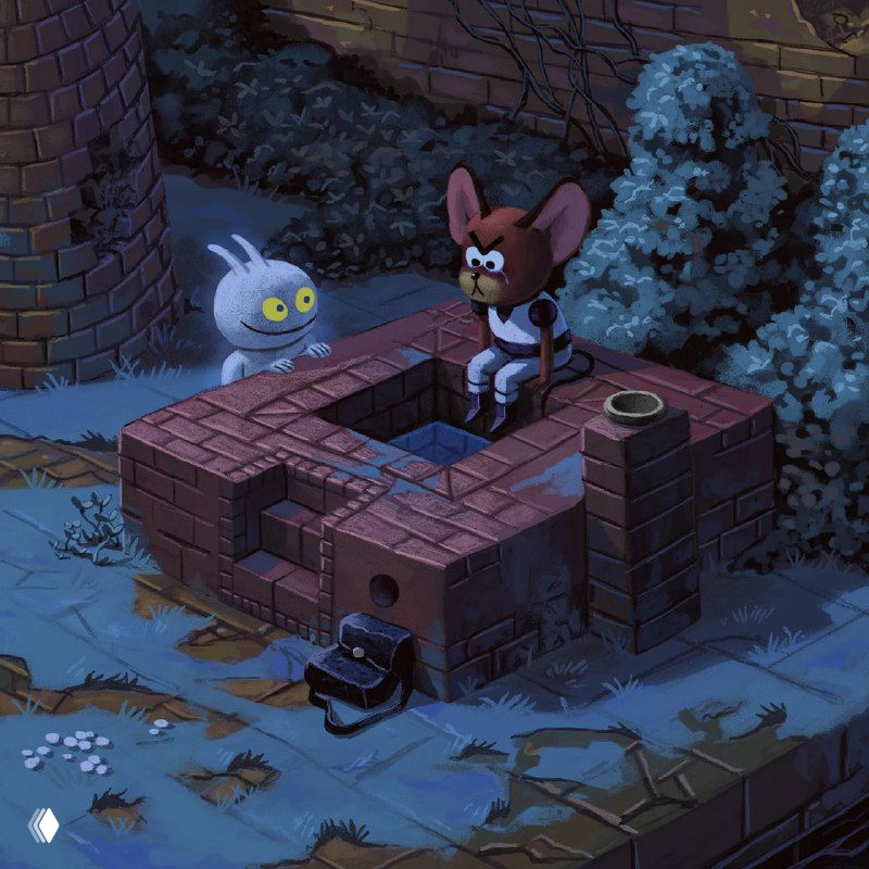 Темная сцена: сказочный герой сидит возле кирпичной колодезной постройки, вокруг — ночной сад и причудливые существа в стиле мультфильма.