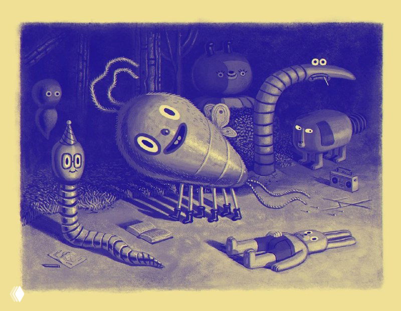 Экспериментальная монохромная иллюстрация Даниэля Шаффера с причудливыми существами и винтажной фактурой — детская эстетика в сюрреализме.