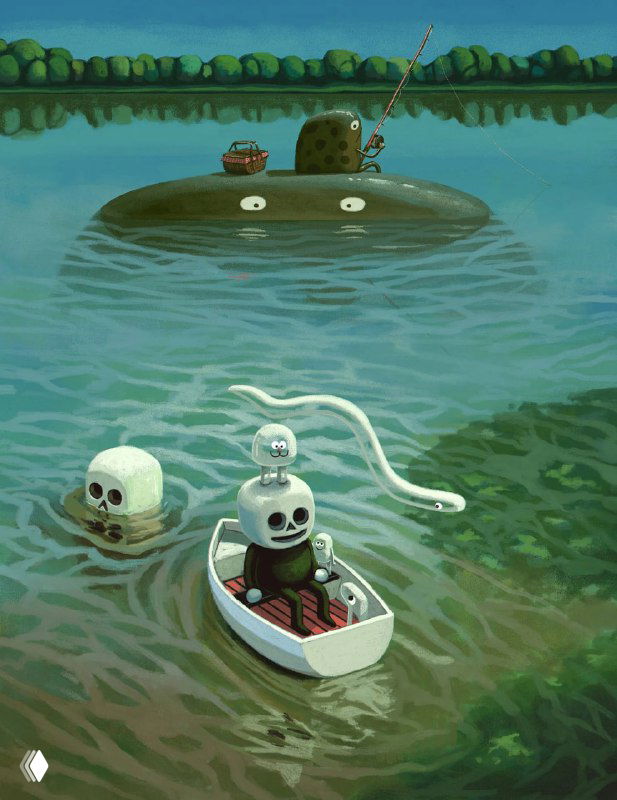 Иллюстрация с лодкой и черепами: крошечные персонажи в лодке среди спокойного озера, сочетание милоты и лёгкой зловещести у Даниэля Шаффера.