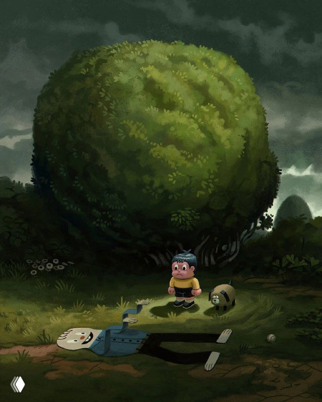 Пейзаж с огромным кустом и маленьким персонажем у его основания — тихая, немного мрачная сцена с элементами детской сказки и сюрреализма.