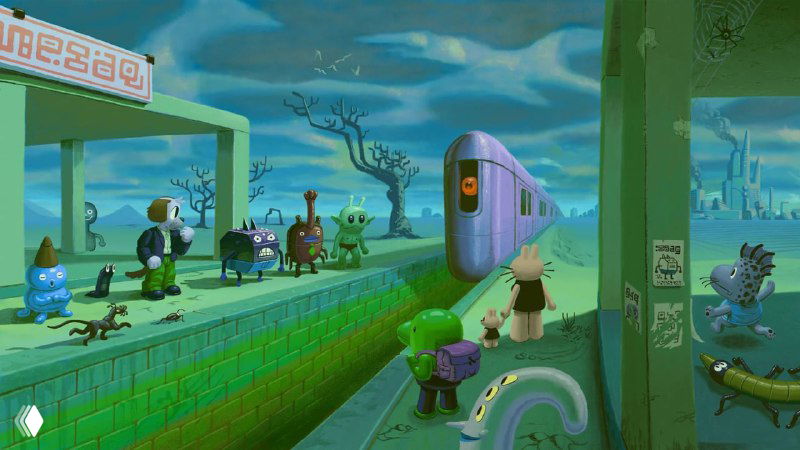 Платформа и поезд в фантастическом мире: множество мультяшных персонажей на станции, композиция с оттенком юмора и причудливости.