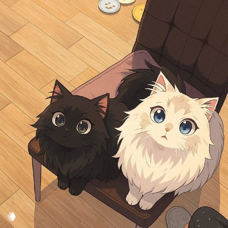 Иллюстрация в стиле аниме: две пушистые кошки на стуле, декоративная обложка поста о вебинаре по подготовке к ОГЭ и занятиях у Саши.