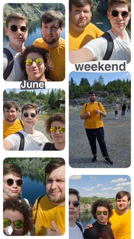 Коллаж фотографий: группа друзей у скалистого каньона и прозрачного озера в Рускеале, прогулки и пейзажи Карелии.