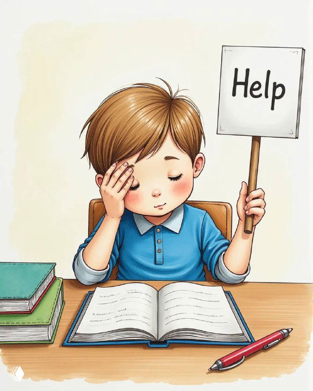 Иллюстрация: мальчик за столом с открытым учебником и ручкой, уставший, держит табличку «Help» — символ сложности и просьбы о помощи при подготовке к экзамену.