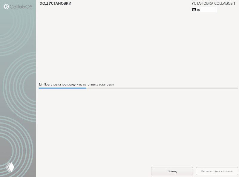 Индикатор прогресса установки CollabOS в простом окне: процесс развертывания компонентов системы с нейтральным фоном рабочего стола.