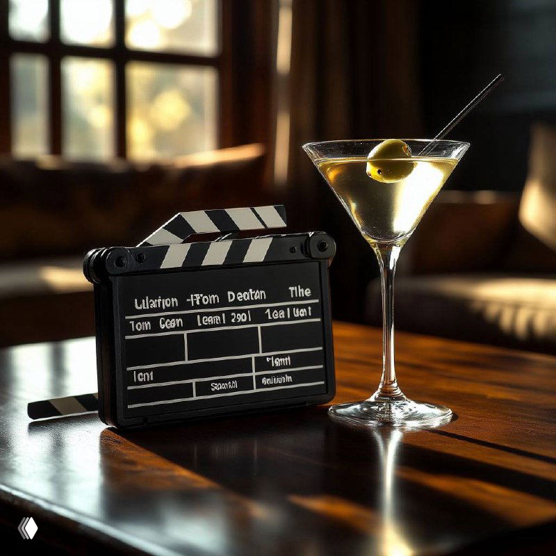 Бокал мартини с оливкой рядом с хлопушкой (клэпбордом) на деревянном столе в тёплой атмосфере киносъёмки.