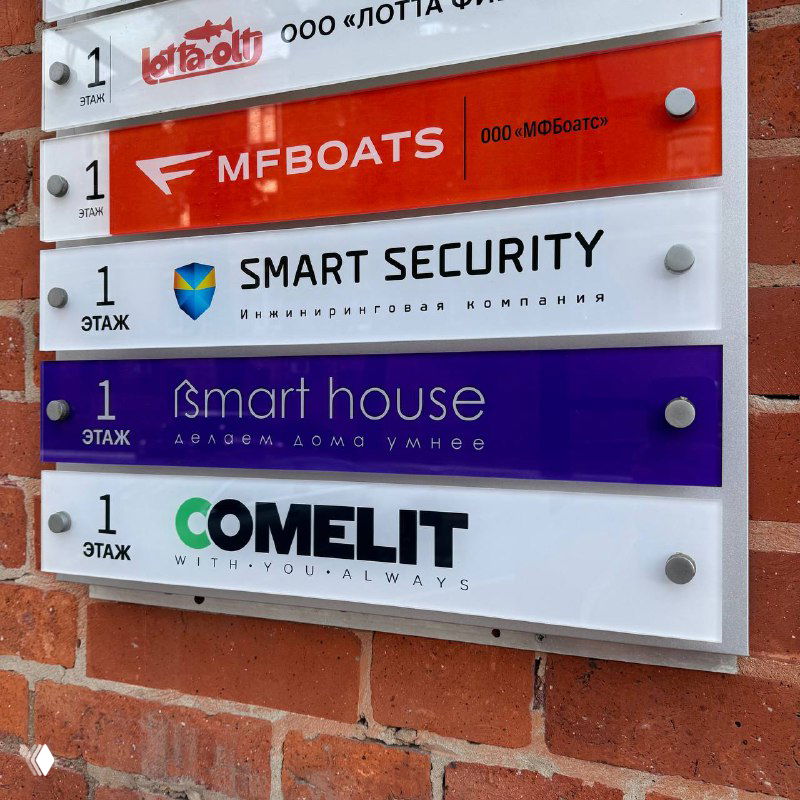 Таблички компаний на фасаде офиса (MFBOATS, SMART SECURITY, ismart house, COMELIT), иллюстрация к теме проверки информации в резюме.