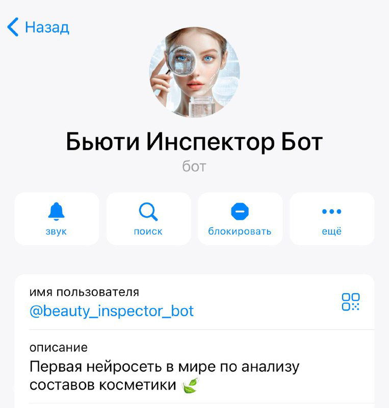 Скриншот профиля Telegram‑бота «Бьюти Инспектор»: круглая аватарка с лицом и увеличительным стеклом, название бота и элементы интерфейса чата в приложении, демонстрирующие страницу бота.
